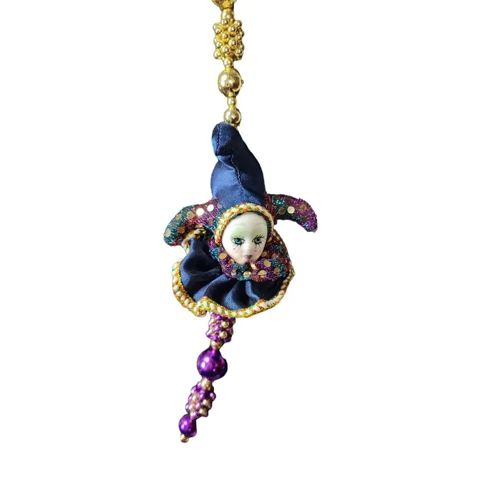 VTG Porcelain Jester Hand Painted Colorful Mardi Gras Beads Sequins Necklace NEW